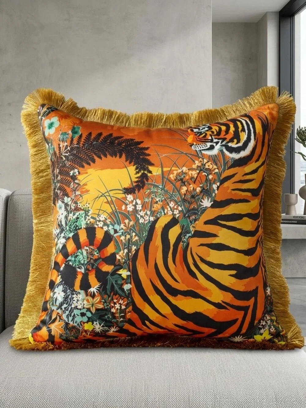 2 pcs NEW Bold & Luxe tiger jungle animal Fringe Throw Pillow case Cover Set